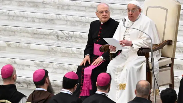 Pope Francis talks to pilgrims of the Scandinavian Episcopal Conference, during the audience in Paolo VI Hall at the Vatican, 3 February 2025. ANSA/MAURIZIO BRAMBATTI