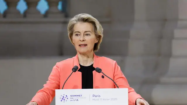 epa11888318 European Commission President Ursula von der Leyen delivers a speech during a plenary session of the Artificial Intelligence (AI) Action Summit at the Grand Palais in Paris, France, 11 February 2025. The summit takes place from 10 to 11 February. EPA/MOHAMMED BADRA