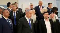 epa11391403 Israeli Prime Minister Benjamin Netanyahu (C) poses next to Minister of Finance Bezalel Smotrich (2-R) and other cabinet members prior to a cabinet meeting at the Bible Lands Museum in Jerusalem, 05 June 2024. EPA/GIL COHEN-MAGEN / POOL