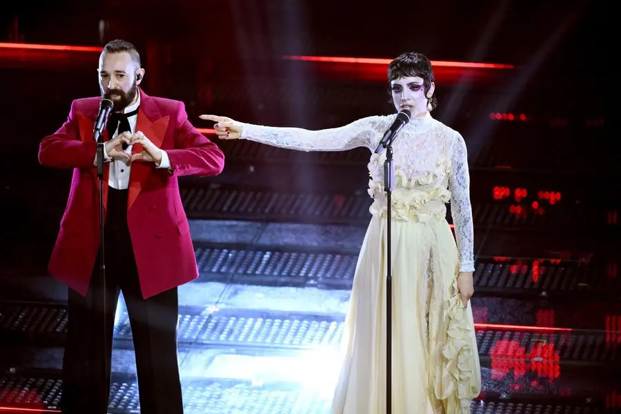 Italian duo Coma Cose perform on stage at the Ariston theatre during the 75th edition of the Sanremo Italian Song Festival, in Sanremo, Italy, 11 February 2025. The music festival will run from 11 to 15 February 2025. ANSA/ETTORE FERRARI