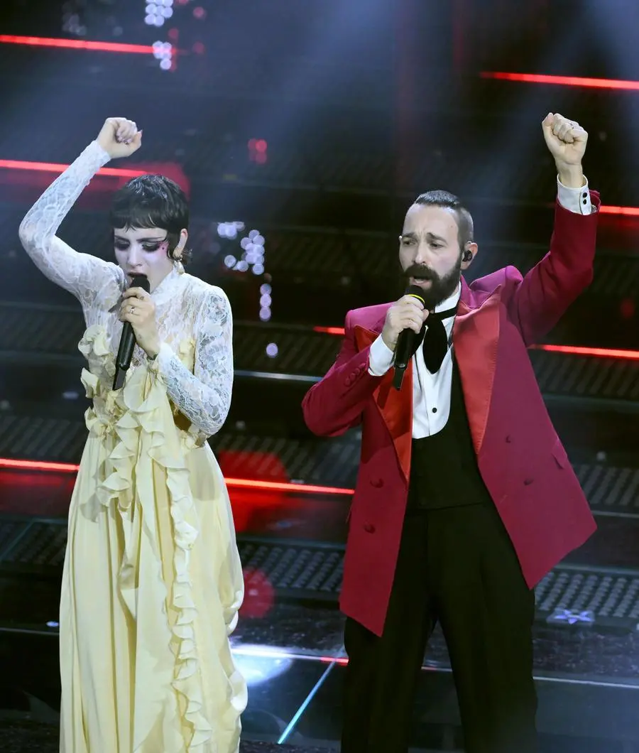 Italian duo Coma Cose perform on stage at the Ariston theatre during the 75th edition of the Sanremo Italian Song Festival, in Sanremo, Italy, 11 February 2025. The music festival will run from 11 to 15 February 2025. ANSA/ETTORE FERRARI