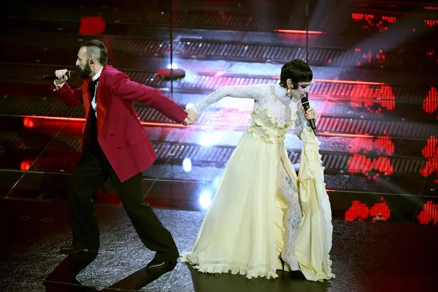 Italian duo Coma Cose perform on stage at the Ariston theatre during the 75th edition of the Sanremo Italian Song Festival, in Sanremo, Italy, 11 February 2025. The music festival will run from 11 to 15 February 2025. ANSA/ETTORE FERRARI