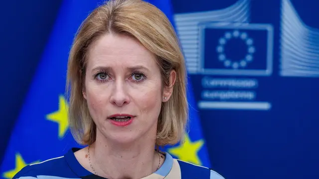 epa11875072 EU High Representative for Foreign Affairs and Security Policy Kaja Kallas addresses a press conference upon the 13th meeting of the Core Group on the Establishment of a Special Tribunal for the Crime of Aggression Against Ukraine, at the European Commission in Brussels, Belgium, 04 February 2025. EPA/OLIVIER MATTHYS