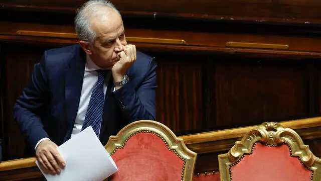 Italian Interior Minister Matteo Piantedosi, during a government briefing over the case of Libyan General Osama Najim Almasri, at the Senate, Rome, Italy, 05 February 2025. On 21 January the Italian government released and repatriated Almasri after a brief detention over an International Criminal Court (ICC) arrest warrant. The general is wanted by the ICC over allegations of war crimes and crimes against humanity. ANSA/FABIO FRUSTACI