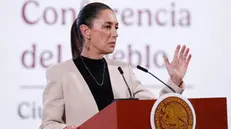 epa11891077 Mexico's President Claudia Sheinbaum gestures as she speaks during her daily press conference at the National Palace in Mexico City, Mexico, 12 February 2025. EPA/MARIO GUZMAN