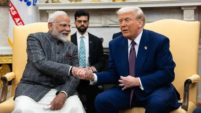 epa11894515 India Prime Minister Narendra Modi (L) shakes hands with US President Donald Trump (R) in the Oval Office at the White House in Washington, DC, USA, 13 February 2025. EPA/FRANCIS CHUNG / POOL