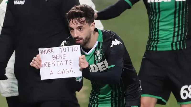 L'esultanza di Caputo, nell'ultima partita pre-lockdown, contro il Brescia - Foto Ansa © www.giornaledibrescia.it