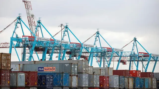 epa11880901 Containers stacked beneath cranes at Seaforth Dock container terminal in Liverpool, Britain, 07 February 2025. US President Donald Trump has imposed 10 percent tariffs on China, with planned tariffs on Mexico and Canada being delayed after last minute talks. The US President has said that tariffs may also be imposed on the EU and the UK, which exports goods and services including energy, cars, machinery and pharmaceuticals to the US. EPA/ADAM VAUGHAN