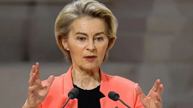 epa11888325 European Commission President Ursula von der Leyen delivers a speech during a plenary session of the Artificial Intelligence (AI) Action Summit at the Grand Palais in Paris, France, 11 February 2025. The summit takes place from 10 to 11 February. EPA/MOHAMMED BADRA