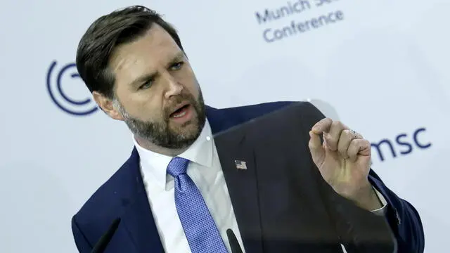 epa11895768 US Vice President JD Vance speaks during the 61st Munich Security Conference (MSC), in Munich, Germany, 14 February 2025. High-level international decision-makers meet at the 61st Munich Security Conference in Munich from 14 to 16 February 2025 during their annual meeting to discuss global security issues. EPA/RONALD WITTEK