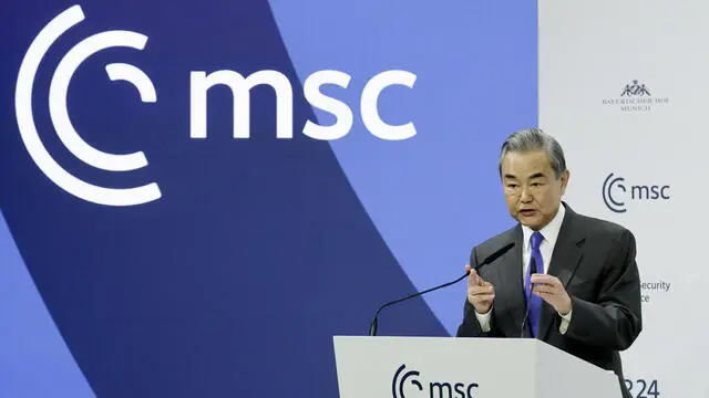 epa11895850 Chinese Foreign Minister Wang Yi speaks during the 61st Munich Security Conference (MSC), in Munich, Germany, 14 February 2025. High-level international decision-makers meet at the 61st Munich Security Conference in Munich from 14 to 16 February 2025 during their annual meeting to discuss global security issues. EPA/RONALD WITTEK