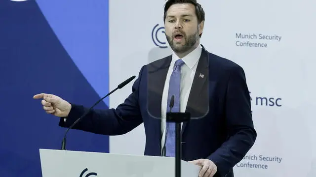 epa11895772 US Vice President JD Vance speaks during the 61st Munich Security Conference (MSC), in Munich, Germany, 14 February 2025. High-level international decision-makers meet at the 61st Munich Security Conference in Munich from 14 to 16 February 2025 during their annual meeting to discuss global security issues. EPA/RONALD WITTEK