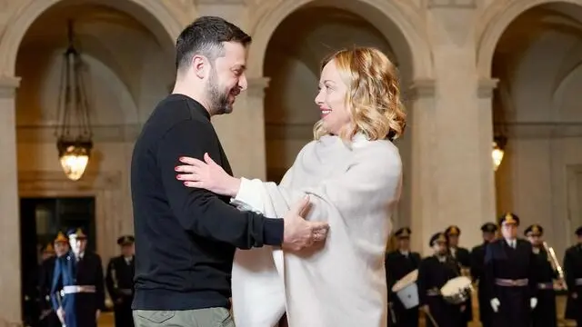 Italian Prime Minister Giorgia Meloni with Ukrainian President Volodymyr Zelensky during their meeting at Palazzo Chigi, Rome, Italy, 09 January 2025. ANSA/CHIGI PALACE PRESS OFFICE/FILIPPO ATTILI +++ ANSA PROVIDES ACCESS TO THIS HANDOUT PHOTO TO BE USED SOLELY TO ILLUSTRATE NEWS REPORTING OR COMMENTARY ON THE FACTS OR EVENTS DEPICTED IN THIS IMAGE; NO ARCHIVING; NO LICENSING +++ NPK +++