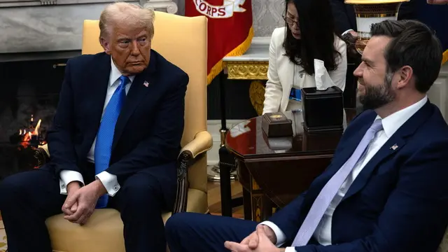 epa11881165 US President Donald Trump (L) looks at Vice President JD Vance (R), during a meeting with Japanese Prime Minister Shigeru Ishiba (not pictured), in the Oval Office at the White House in Washington, DC, USA, 07 February 2025. EPA/ANNA ROSE LAYDEN / POOL