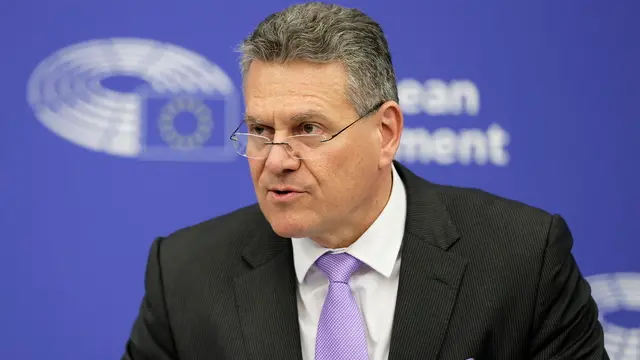 epa11890227 EU Commissioner for Trade and Economic Security, Interinstitutional Relations and Transparency Maros Sefcovic speaks during a press conference on the 'Commission Work Programme 2025' at the European Parliament in Strasbourg, France, 12 February 2025. EPA/RONALD WITTEK