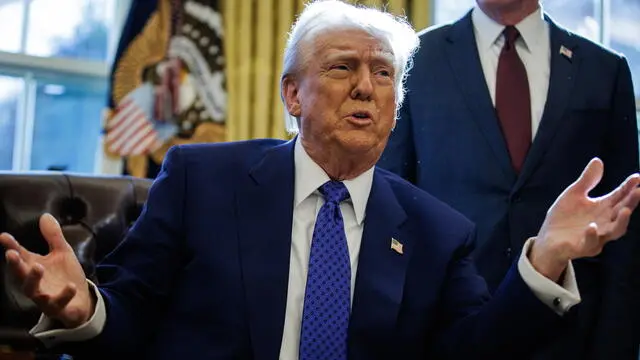 epa11896740 US President Donald Trump speaks to the media as he signs executive orders in the Oval Office at the White House in Washington, DC, USA, 14 February 2025. The executive orders signed on 14 February were on federal funding going to schools and universities related to the coronavirus pandemic as well as energy production. EPA/SAMUEL CORUM / POOL