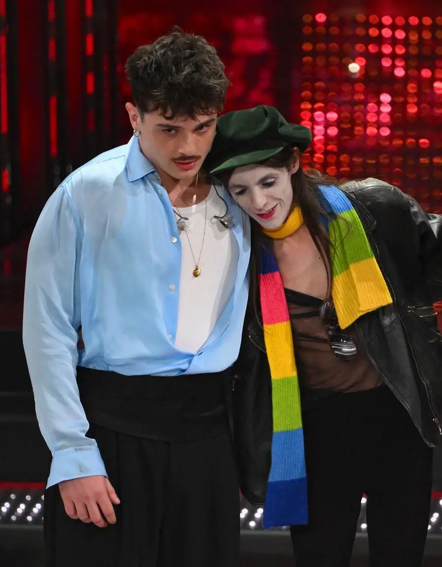 Italian singers Olly and Lucio Corsi on stage at the Ariston theatre during the 75th edition of the Sanremo Italian Song Festival, in Sanremo, Italy, 15 February 2025. The music festival will run from 11 to 15 February 2025. ANSA/ETTORE FERRARI