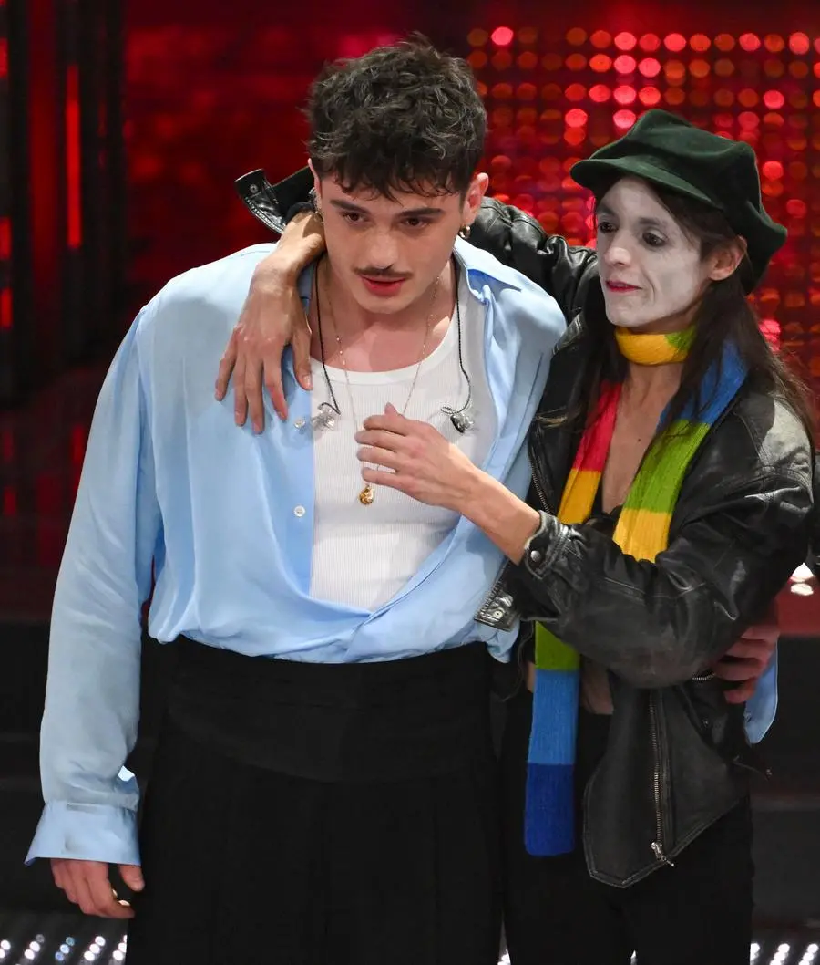 Italian singers Olly and Lucio Corsi on stage at the Ariston theatre during the 75th edition of the Sanremo Italian Song Festival, in Sanremo, Italy, 15 February 2025. The music festival will run from 11 to 15 February 2025. ANSA/ETTORE FERRARI