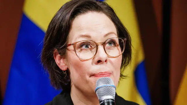 epa11673657 Sweden's Foreign Minister Maria Malmer Stenergard speaks during a press conference after a ceremony to mark the 25th anniversary of the Nordic Embassies in Berlin, in Berlin, Germany, 21 October 2024. The Nordic Embassy Complex in Berlin was officially opened in 1999 and hosts the embassies of Denmark, Finland, Iceland, Norway and Sweden, which reflects the close relationship and shared values between the Nordic countries. Aside from the building complex, the five embassies also share the so-called Felleshus, a community building, which is used for cultural events and public activities. EPA/CLEMENS BILAN