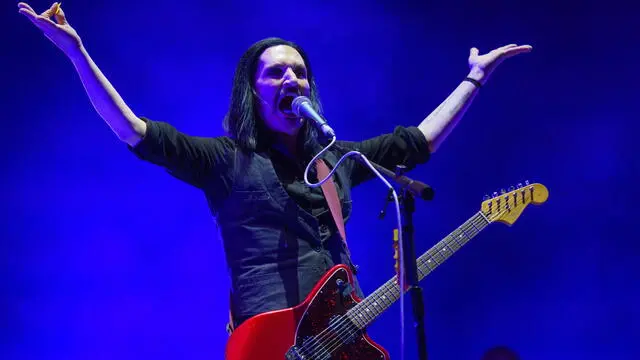 epa10758996 Belgian singer Brian Molko of alternative rock band Placebo performs on the main stage during the 46th edition of the Paleo Festival in Nyon, Switzerland, 21 July 2023. The Paleo is an open-air music festival that draws around 250,000 spectators in six days and will take place from 18 to 23 July. EPA/LAURENT GILLIERON EDITORIAL USE ONLY