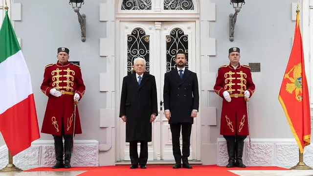 epa11904291 A handout photo made available by the Quirinal Presidential Palace (Palazzo del Quirinale) Press Office shows Montenegro's President Jakov Milatovic (C-R) and Italian President Sergio Mattarella (C-L) during the latter's state visit, in Cettigne, Montenegro, 18 February 2025. EPA/PAOLO GIANDOTTI/QUIRINAL PRESIDENTIAL PALACE/HANDOUT HANDOUT EDITORIAL USE ONLY/NO SALES