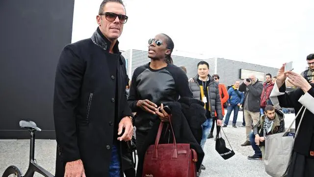 Former italian cyclist Mario Cipollini with Fiona May at Pitti Immagine Uomo, fashion exhibition in Fortezza da Basso, Florence, 14 January 2015. ANSA/ MAURIZIO DEGL'INNOCENTI