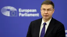 epa11890234 European Commissioner for Economy and Productivity, Implementation and Simplification, Valdis Dombrovskis, speaks during a press conference on the 'Commission Work Programme 2025' at the European Parliament in Strasbourg, France, 12 February 2025. EPA/RONALD WITTEK