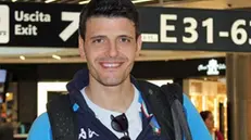 Andrea Cassarà, pluricampione di fioretto, alla partenza dall'aeroporto di Fiumicino per i Campionati Europei Assoluti di scherma a Novi Sad, in Serbia, all'aeroporto Roma Leonardo da Vinci, Fiumicino (Roma), 14 giugno 2018. ANSA/ TELENEWS