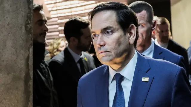 epa11900930 US Secretary of State Marco Rubio exits the Hall of Names during his tour of the Yad Vashem Holocaust Memorial in Jerusalem, 16 February 2025, during his first Middle East tour. EPA/JACK GUEZ / POOL