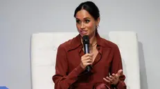 epa11550817 Duchess of Sussex, Meghan Markle, speaks during the 'Responsible Digital Future' forum at EAN University in Bogota, Colombia, 15 August 2024. The Duke and Duchess of Sussex began a four-day visit to Colombia, where they will tour different parts of the country, learn about its culture and rich biodiversity, and address current issues such as cyberbullying and online violence in schools and forums. EPA/Carlos Ortega