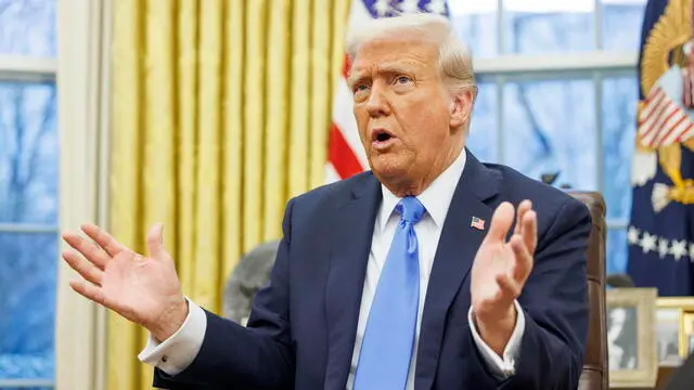 epa11889308 US President Donald J. Trump gives remarks to the media in the Oval Office of the White House, as he meets with US entrepreneur and U.S. special government employee Elon Musk, in Washington, DC, USA, 11 February 2025. EPA/Aaron Schwartz / POOL