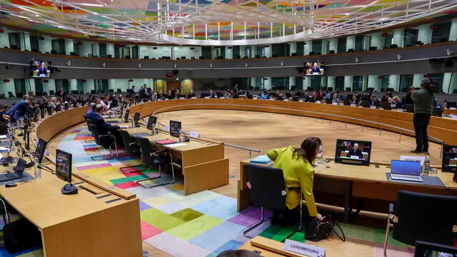 epa10483137 The Committee of the Permanent Representatives of the Governments of the Member States to the European Union (Coreper) meets in Brussels, Belgium, 22 February 2023. The Coreper was set to discuss the 10th package of sanctions against Russia amid the ongoing invasion of Ukraine. EPA/OLIVIER HOSLET