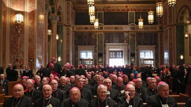 epa04945136 Bishops gather before a midday prayer service at the Cathedral of St. Matthew in Washington, DC, USA, 23 September 2015. The Pope began his first trip to the United States at the White House followed by a visit to St. Matthew's Cathedral, and will then hold a Mass on the grounds of the Basilica of the National Shrine of the Immaculate Conception. EPA/MARK WILSON / POOL
