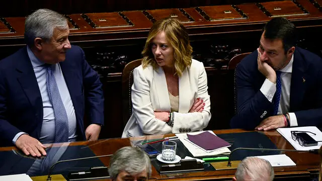 (L-R) Minister of Foreign Affairs, Antonio Tajani, Prime Minister Giorgia Meloni and Minister of Transports Matteo Salvini, at the Chamber of Deputies during the report on the upcoming European Council, Rome, Italy, 26 June 2024. ANSA/RICCARDO ANTIMIANI