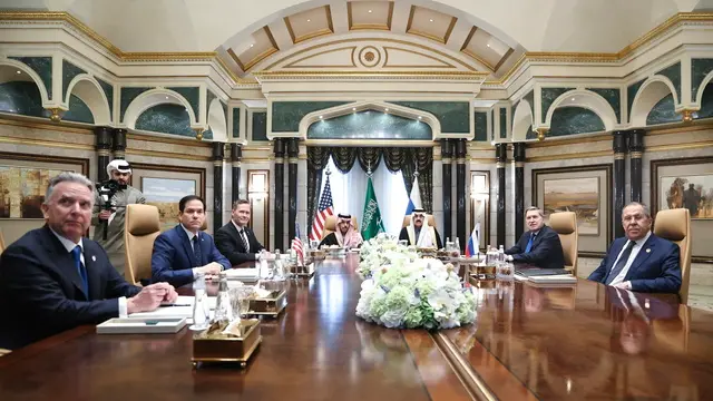 epa11905018 A handout photo made available by the Russian Foreign Ministry Press Service shows Russian Foreign Minister Sergey Lavrov (R) and Russian presidential aide Yury Ushakov (2-R) attending a meeting with US Secretary of State Marco Rubio (2-L), US National Security Advisor Mike Waltz (3-L) and US Middle East envoy Steve Witkoff (L), Saudi Foreign Minister Prince Faisal bin Farhan Al Saud and Saudi National Security Advisor Mosaad bin Mohammad Al-Aiban at Diriyah Palace in Riyadh, Saudi Arabia, 18 February 2025. The agenda of the meeting of the Russian presidential aide Yuri Ushakov, Russian Foreign Minister Sergey Lavrov with American officials in Riyadh on 18 February is devoted to the restoration of the entire range of bilateral relations, as well as the preparation of possible negotiations on the Ukrainian settlement, the Kremlin reported. EPA/RUSSIAN FOREIGN MINISTRY PRESS SERVICE HANDOUT HANDOUT EDITORIAL USE ONLY/NO SALESHANDOUT EDITORIAL USE ONLY/NO SALES