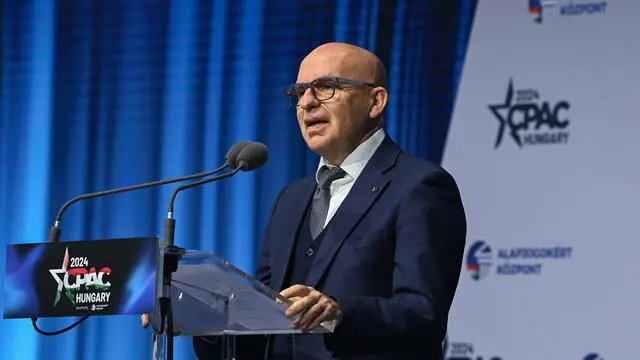 epa11303140 Antonio Giordano, MP for the Fratelli d'Italia, Secretary General of the European Conservatives and Reformists (ECR) Party, speaks during the third Hungarian edition of the Conservative Political Action Conference, CPAC Hungary, in Budapest, Hungary, 26 April 2024. The two-day event is hosted from 25 to 26 April by the Center for Fundamental Rights of Hungary for the third consecutive year. EPA/Zoltan Mathe HUNGARY OUT