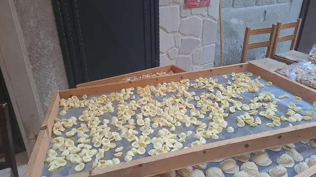 Le pastaie di Bari vecchia, che ogni giorno espongono e vendono in strada le orecchiette fatte in casa, sono in sciopero, 16 novembre 2024. Si tratta di una forma di protesta contro i sospetti che la tipica pasta barese non sia davvero fresca ma comprata e spacciata ai turisti come fatta a mano. A sollevare i dubbi, oltre ad alcuni food influencer sui social, sono stati alcuni servizi giornalistici, che hanno parlato anche di scarse condizioni igieniche nella conservazione dei cibi in ristoranti improvvisati in case private, scatenato qualche reazione violenta delle signore e dei loro parenti. ANSA/ VINCENZO CHIUMARULO