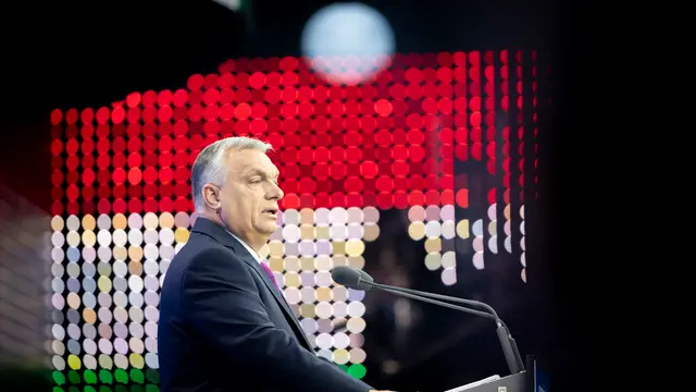 epa11915696 A handout photo made available by the Hungarian PM's Press Office shows Hungarian Prime Minister and leader of the ruling Fidesz party Viktor Orban delivering his annual State of the Nation address in Varkert Bazaar conference hall in Budapest, Hungary, 22 February 2025. EPA/ZOLTAN FISCHER / HANDOUT HUNGARY OUTHANDOUT EDITORIAL USE ONLY/NO SALES