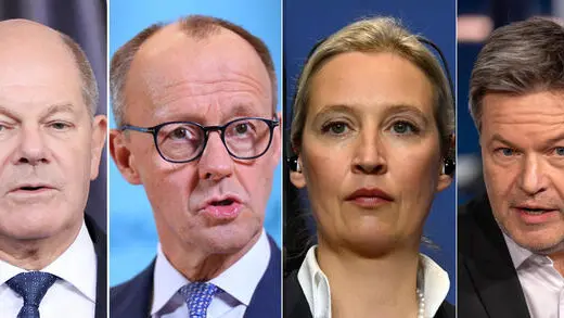 (S-D) Il cancelliere tedesco Olaf Scholz, Friedrich Merz, Alice Weidel, Robert Habeck (Vice cancelliere della Germania). ANSA