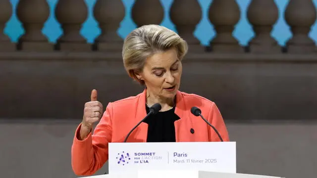 epa11888328 European Commission President Ursula von der Leyen delivers a speech during a plenary session of the Artificial Intelligence (AI) Action Summit at the Grand Palais in Paris, France, 11 February 2025. The summit takes place from 10 to 11 February. EPA/MOHAMMED BADRA