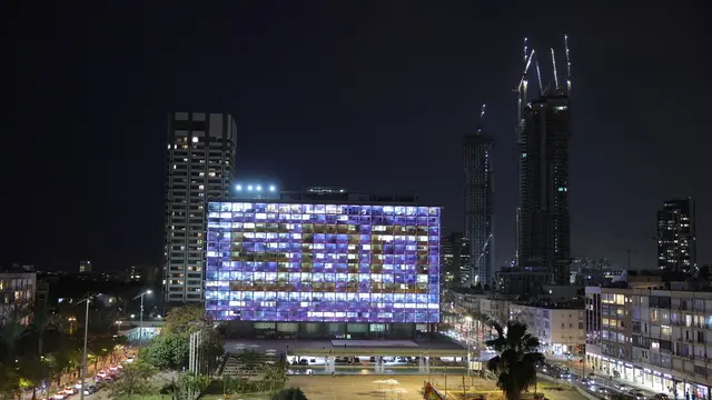 epa11903343 Tel Aviv municipality building lit with the number 500 in solidarity with hostages held by Hamas in Gaza, marking 500 days in Hamas captivity in Tel Aviv, Israel, 17 February 2025. According to IDF around 73 hostages are still held hostage in Gaza. EPA/ABIR SULTAN