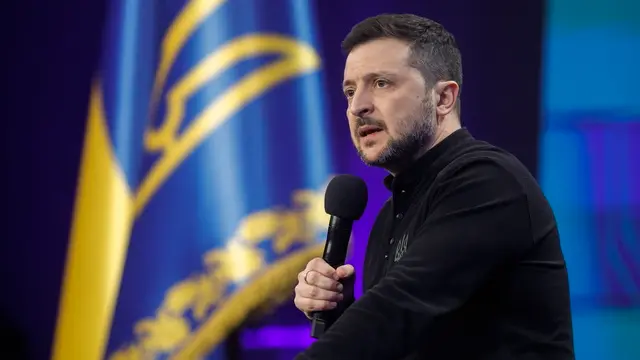 epaselect epa11918993 Ukrainian President Volodymyr Zelensky holds a press conference at the end of the forum 'Ukraine. Year 2025', in Kyiv, Ukraine, 23 February 2025, amid the Russian invasion. The 'Ukraine. Year 2025' forum took place with the participation of heads of state institutions one day before the third anniversary of the war in Ukraine, which began with Russia's full-scale invasion in 2022. The conflict has caused widespread destruction and a humanitarian crisis. EPA/SERGEY DOLZHENKO