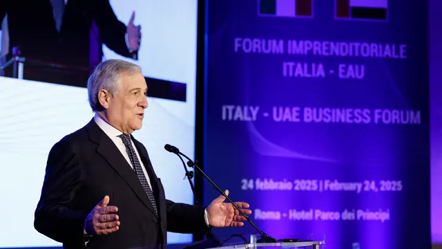 Italian Foreign Minister and Deputy Prime Minister Antonio Tajani during Italy - UAE business forum, Rome, 24 February 2025. ANSA/FABIO FRUSTACI