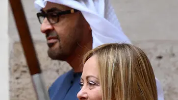 Italian Prime Minister Giorgia Meloni welcomes the President of the United Arab Emirates Sheikh Mohamed bin Zayed Al Nahyan (L) at the Chigi Palace in Rome, Italy, 24 February 2025. ANSA/ETTORE FERRARI