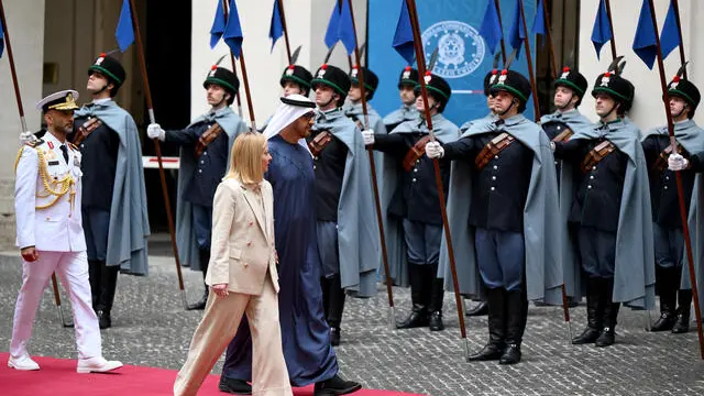 Italian Prime Minister Giorgia Meloni welcomes the President of the United Arab Emirates Sheikh Mohamed bin Zayed Al Nahyan (C-R) at the Chigi Palace in Rome, Italy, 24 February 2025. ANSA/ETTORE FERRARI