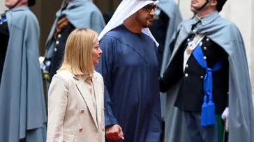 Italian Prime Minister Giorgia Meloni welcomes the President of the United Arab Emirates Sheikh Mohamed bin Zayed Al Nahyan (R) at the Chigi Palace in Rome, Italy, 24 February 2025. ANSA/ETTORE FERRARI