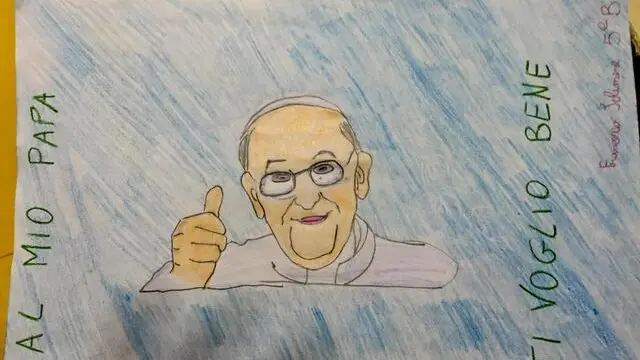 Uno dei disegni degli scolari di Scampia dedicati a Papa Francesco in visita domani al loro quartiere. Napoli, 20 marzo 2015. ANSA /CIRO FUSCO