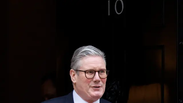 epa11890254 British Prime Minister Keir Starmer departs his official residence at 10 Downing Street to appear at Prime Minister's Questions (PMQs) at Parliament in London, Britain, 12 February 2025. EPA/TOLGA AKMEN