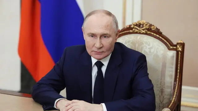 epa11917306 Russian President Vladimir Putin delivers his address to war veterans, military personnel, the civilian staff of the Russian Armed Forces, and Russian citizens in general on Defender of the Fatherland Day via video link from the Kremlin in Moscow, Russia, 23 February 2025. The nationwide Defender of the Fatherland Day is annually celebrated in Russia on 23 February. EPA/MIKHAIL METZEL/SPUTNIK/KREMLIN POOL