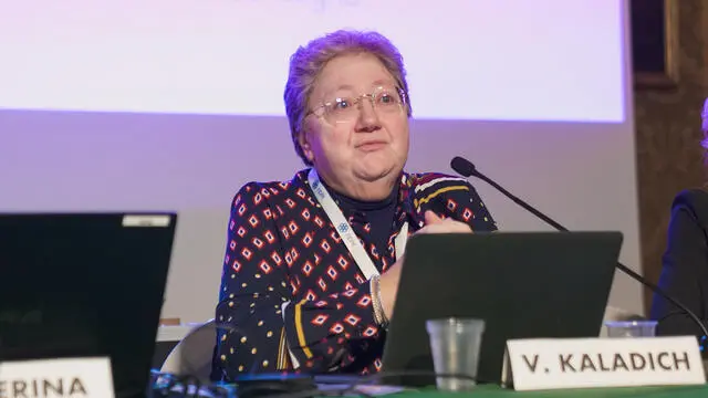 La presidente nazionale della Fidae, Virginia Kaladich, al congresso "La scuola meritata" organizzato dalla Fidae presso Palazza Madama di Torino, il 28 agosto 2023 ANSA/JESSICA PASQUALON